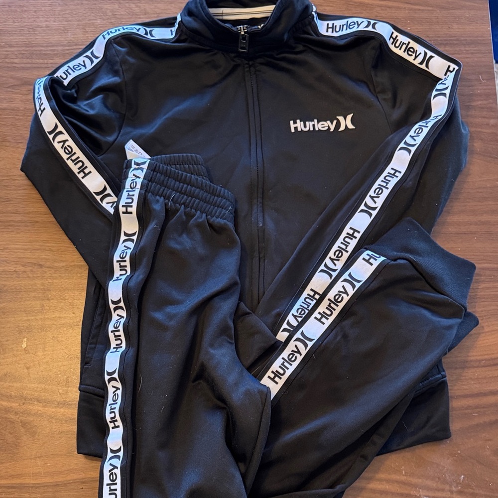 Hurley Black Tracksuit with Logo Stripes jogger pant zip up jacket set